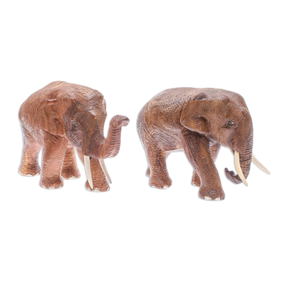 Handmade Teak Wood Elephant Sculptures from Thailand (Pair)