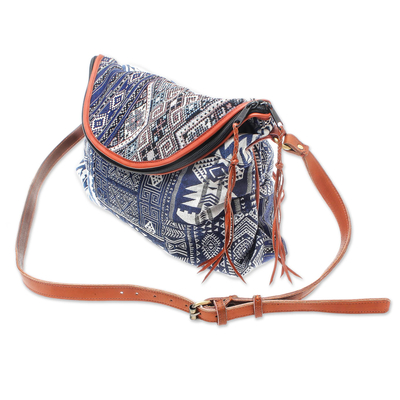 Leather accented cotton blend sling, 'Lanna Patchwork' - Leather Accented Patchwork Cotton Blend Sling from Thailand