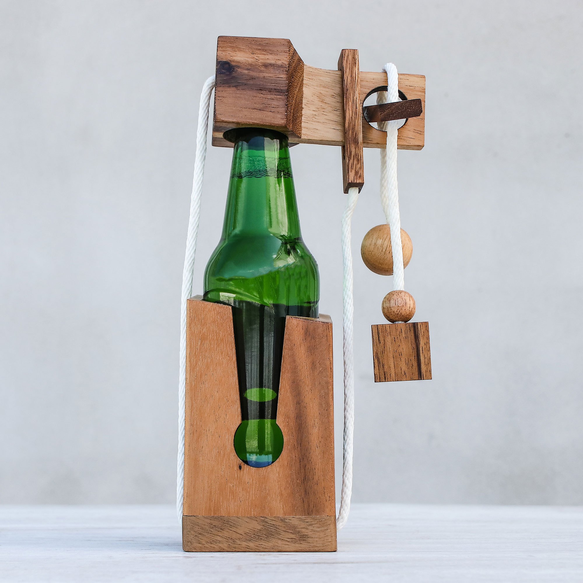 Handmade Wood Bottle Holder and Puzzle (5.5 Inch) Open the Bottle