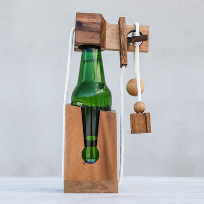 Wood puzzle, 'Open the Bottle' (5.5 inch) - Handmade Wood Bottle Holder and Puzzle (5.5 Inch)