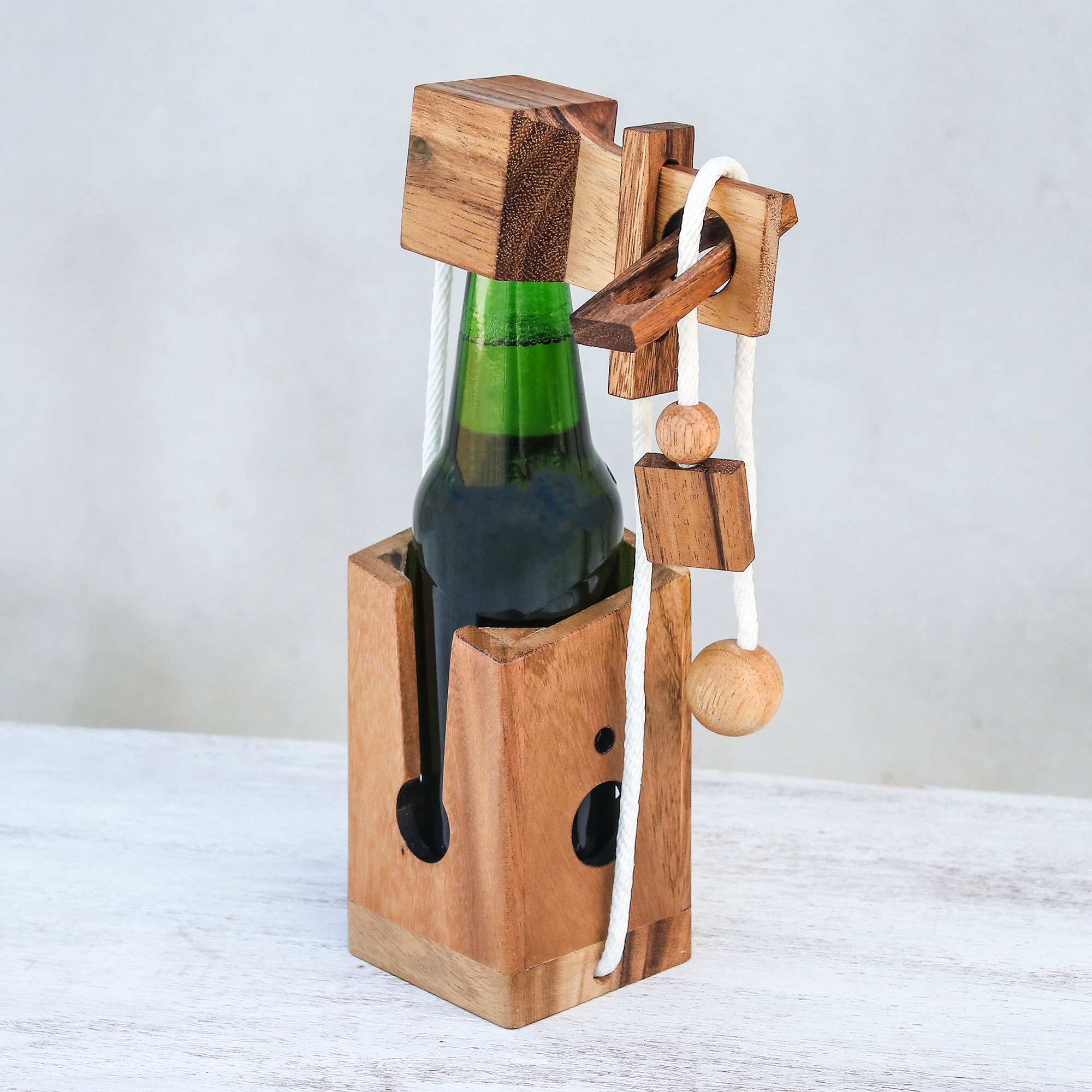 Handmade Wood Bottle Holder and Puzzle (5.5 Inch) Open the Bottle