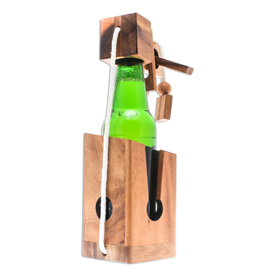 Holzpuzzle, 'Öffne die Flasche' (5,5 Zoll) - Handgefertigter Flaschenhalter und Puzzle aus Holz (5,5 Zoll)