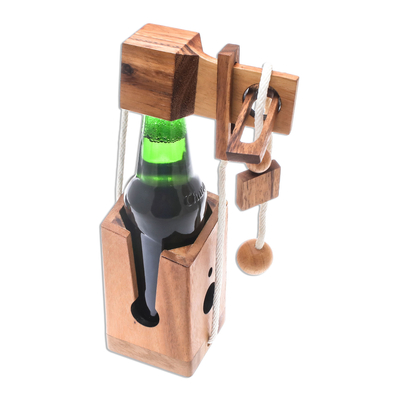 Wood puzzle, 'Open the Bottle' (5.5 inch) - Handmade Wood Bottle Holder and Puzzle (5.5 Inch)