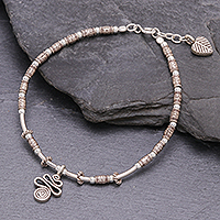 Silver beaded charm bracelet, 'Spiral Hill Tribe'