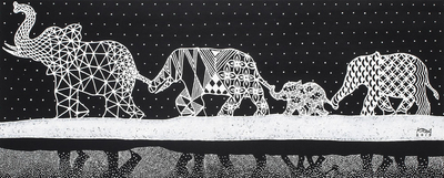 Signed Black and White Painting of an Elephant Family