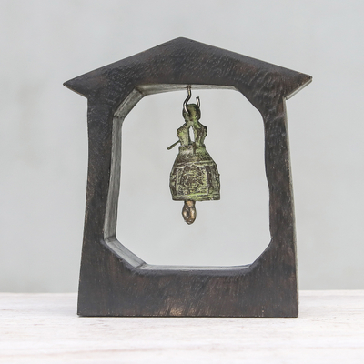 Mango wood and brass bell, 'Ringing House' - Mango Wood and Brass Bell Crafted in Thailand