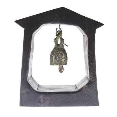 Mango wood and brass bell, 'Ringing House' - Mango Wood and Brass Bell Crafted in Thailand