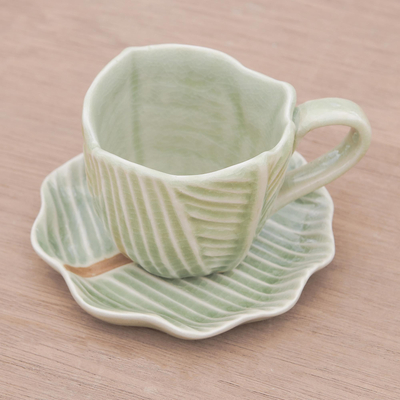 Celadon ceramic teacup and saucer, 'Tea Leaf' - Leaf-Themed Celadon Ceramic Teacup and Saucer from Thailand