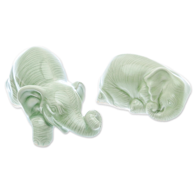 Green Celadon Ceramic Elephant Figurines (Pair)