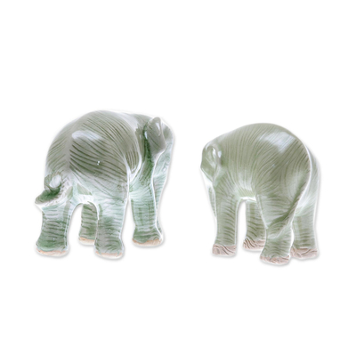 Celadon ceramic figurines, 'Elephant Partners' (pair) - Celadon Ceramic Figurines of Two Elephants from Thailand