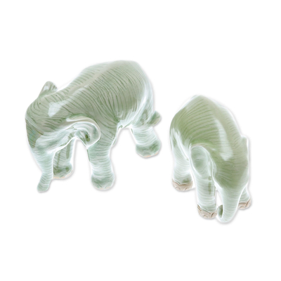Celadon ceramic figurines, 'Elephant Partners' (pair) - Celadon Ceramic Figurines of Two Elephants from Thailand