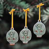 Celadon ceramic ornaments, 'Delightful Santas' (set of 3) - Celadon Ceramic Santa Ornaments from Thailand (Set of 3)
