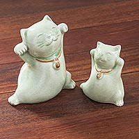 Celadon Ceramic Cat Figurines from Thailand (Pair),'Cats of Fortune'