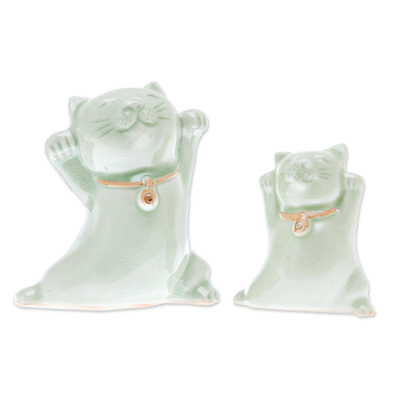 Figuritas de cerámica celadón, (par) - Figuras de gato de cerámica Celadon de Tailandia (par)