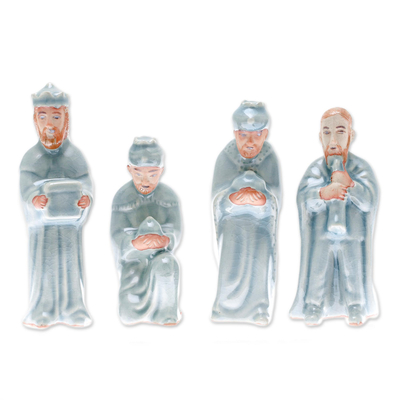 Celadon ceramic nativity scene, 'Nativity of Peace' (11 piece) - Celadon Ceramic Nativity Scene from Thailand (11 Piece)