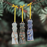 Celadon ceramic ornaments, 'Delightful Snowmen' (set of 3) - Celadon Ceramic Snowman Ornaments from Thailand (Set of 3)