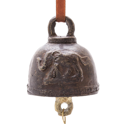 Brass bell, 'Antique Sound' - Oxidized Elephant Motif Brass Bell Crafted in Thailand