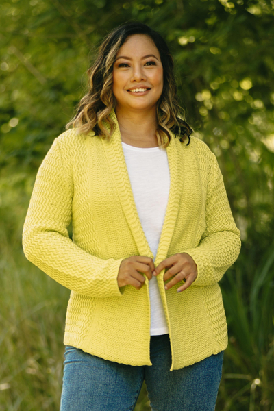 Cotton cardigan, 'Zigzag Knit in Chartreuse' - Knit Cotton Cardigan in Chartreuse from Thailand