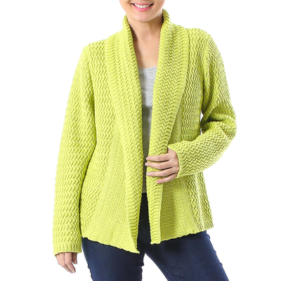 Knit Cotton Cardigan in Chartreuse from Thailand