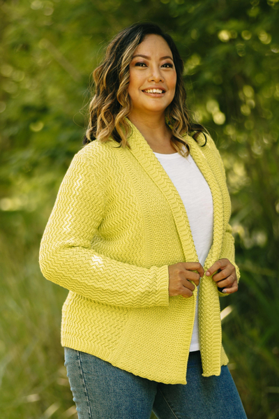 Cotton cardigan, 'Zigzag Knit in Chartreuse' - Knit Cotton Cardigan in Chartreuse from Thailand