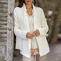 Cárdigan de algodón, 'Zigzag Knit in Ivory' - Cárdigan de punto de algodón en marfil de Tailandia