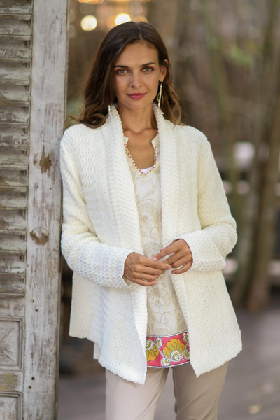Cotton cardigan, Zigzag Knit in Ivory