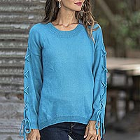 Knit Cotton Pullover in Cerulean from Thailand,'Cool Cross in Cerulean'