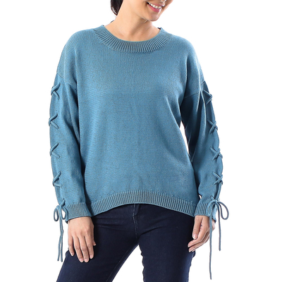 Cotton pullover, 'Cool Cross in Cerulean' - Knit Cotton Pullover in Cerulean from Thailand