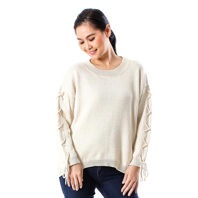 Cotton pullover sweater, 'Cool Cross in Antique White' - Knit Cotton Pullover in Antique White from Thailand