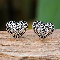 Sterling silver stud earrings, 'Filled with Flowers' - Heart-Shaped Floral Sterling Silver Stud Earrings