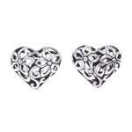 Sterling silver stud earrings, 'Filled with Flowers' - Heart-Shaped Floral Sterling Silver Stud Earrings