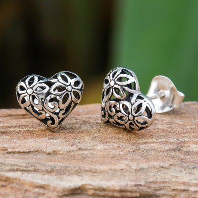 Sterling silver stud earrings, 'Filled with Flowers' - Heart-Shaped Floral Sterling Silver Stud Earrings