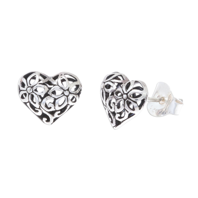 Sterling silver stud earrings, 'Filled with Flowers' - Heart-Shaped Floral Sterling Silver Stud Earrings