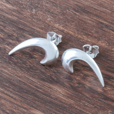 Sterling silver button earrings, 'Coastal Gleam' - Curved Sterling Silver Button Earrings from Thailand