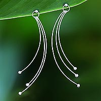 Curved Sterling Silver Dangle Earrings from Thailand,'Lovely Swoops'