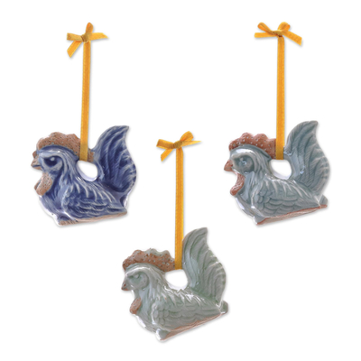 Seladon-Keramikornamente, (3er-Set) - Set mit 3 Hühnerornamenten aus Seladon-Keramik