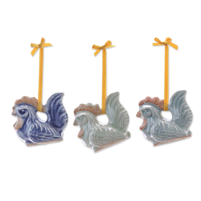 Celadon ceramic ornaments, 'Happy Hens' (set of 3) - Set of 3 Chicken Ornaments in Celadon Ceramic