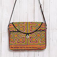Cotton blend messenger bag, 'Colorful Hmong' - Geometric Hmong Cotton Blend Messenger Bag from Thailand