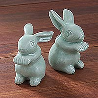 Celadon Ceramic Rabbit Figurines from Thailand (Pair),'Green Rabbits'