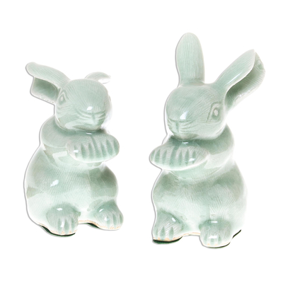 Celadon Ceramic Rabbit Figurines from Thailand (Pair)