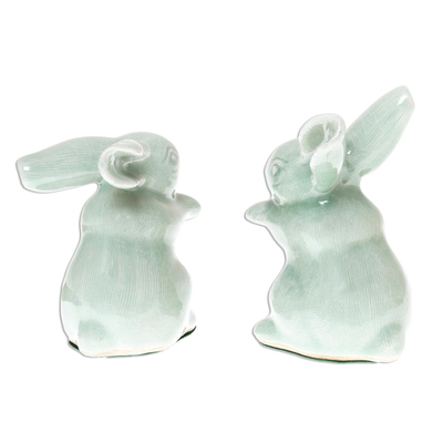 Celadon ceramic figurines, 'Green Rabbits' (pair) - Celadon Ceramic Rabbit Figurines from Thailand (Pair)