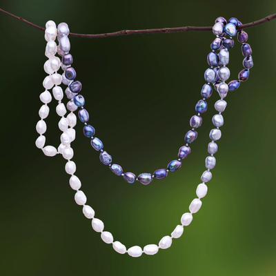 Cultured pearl long necklace, 'Blissful Woman in Grey' - Cultured Pearl Beaded Long Necklace in Grey from Thailand