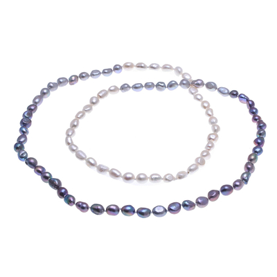 Cultured pearl long strand necklace, 'Blissful Woman in Grey' - Cultured Pearl Long Strand Necklace in Grey from Thailand