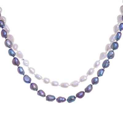 Cultured pearl long necklace, 'Blissful Woman in Grey' - Cultured Pearl Beaded Long Necklace in Grey from Thailand