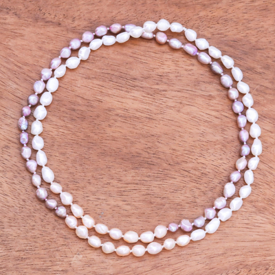 Cultured pearl long strand necklace, 'Blissful Woman in Pink' - Cultured Pearl Long Necklace in Pink from Thailand