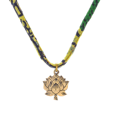 Lotus Flower Brass Pendant Necklace in Green from Thailand