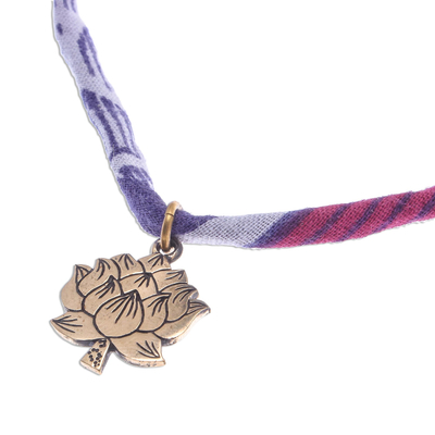 Lotus Flower Brass Pendant Necklace in Purple from Thailand