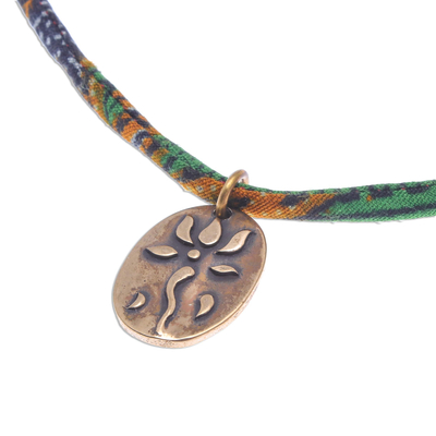 Oval Lotus Flower Brass Pendant Necklace in Green
