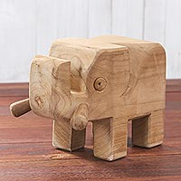 Wood sculpture, 'Elephant Surprise' - Hand-Carved Santol Wood Elephant Sculpture from Thailand