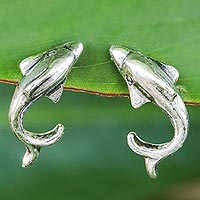 Sterling silver drop earrings, 'Swimming Dolphins' - Sterling Silver Dolphin Drop Earrings from Thailand